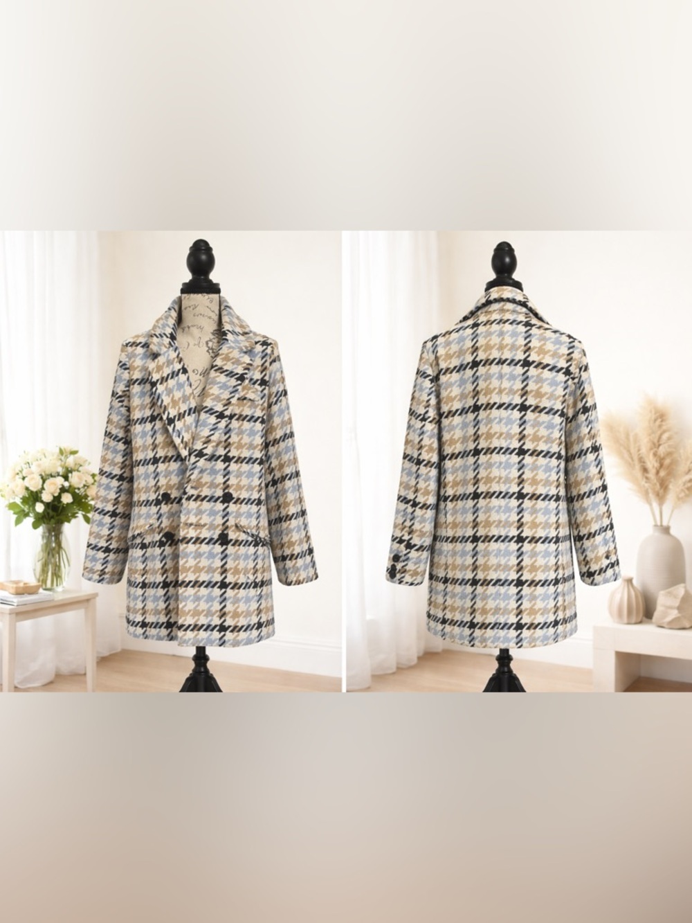 Fashion Nova Wool Blend Houndstooth Oversized Coat - Blue/Tan/Black - Size M